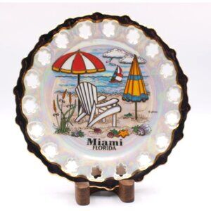 Miami Florida Souvenir Plate Beach Scene Gild Purple Gold Edge Reticulated Edge